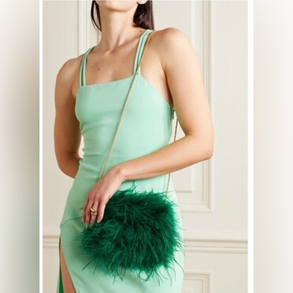 NWT Loeffler Randall Zahara Feather Trim Satin Bag Green - Picture 2 of 9